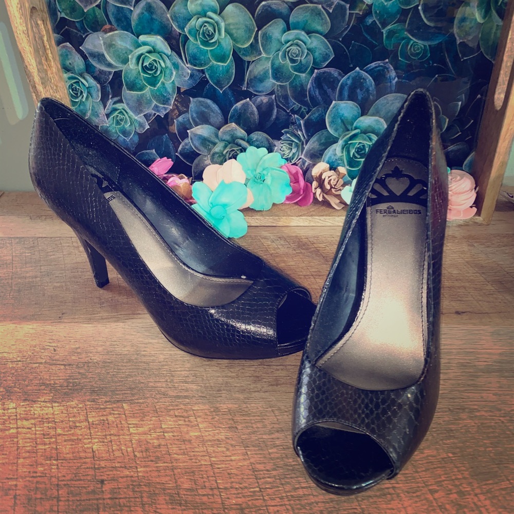 Black Peep Toe Heels - Women Shoes